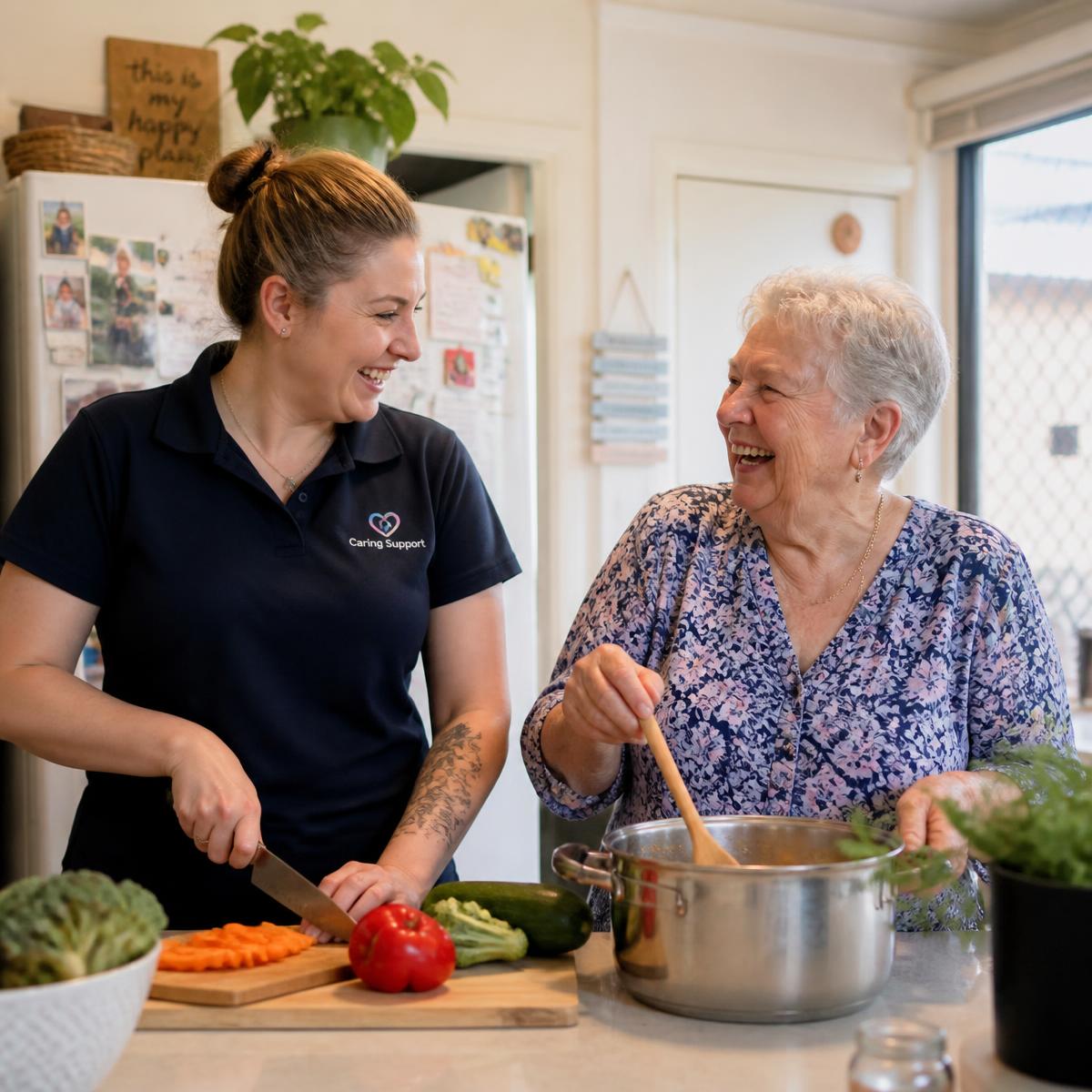 A support worker and an older woman cooking together in a bright kitchen